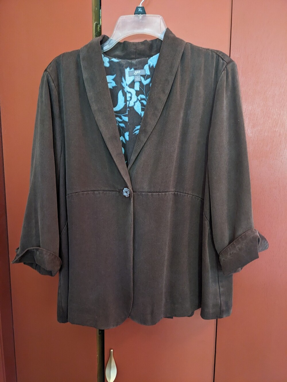Women's Brown Relaxed Single-Button JJILL Jacket, sz L, Chocolate and Turquoise.